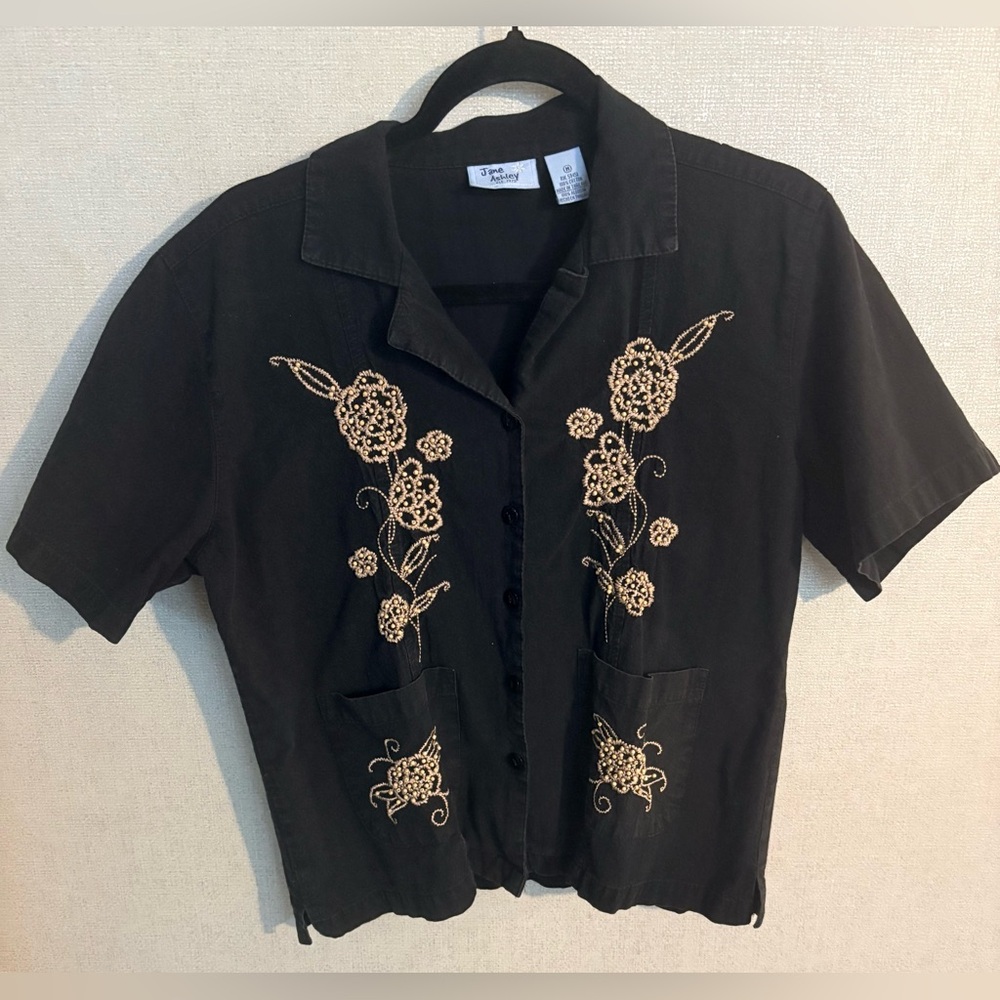 Jane Ashley Black Button-Down Top with Gold Embroidery and Wooden-Bead Detailing